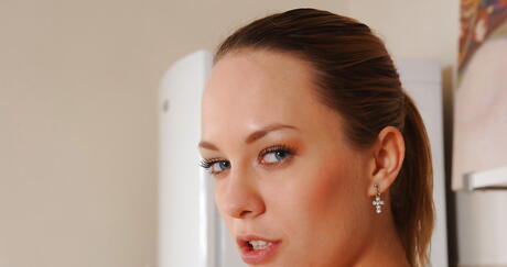 Slender american hottie Blue Angel in fancy shorts exhibits small tits and spreads her legs 